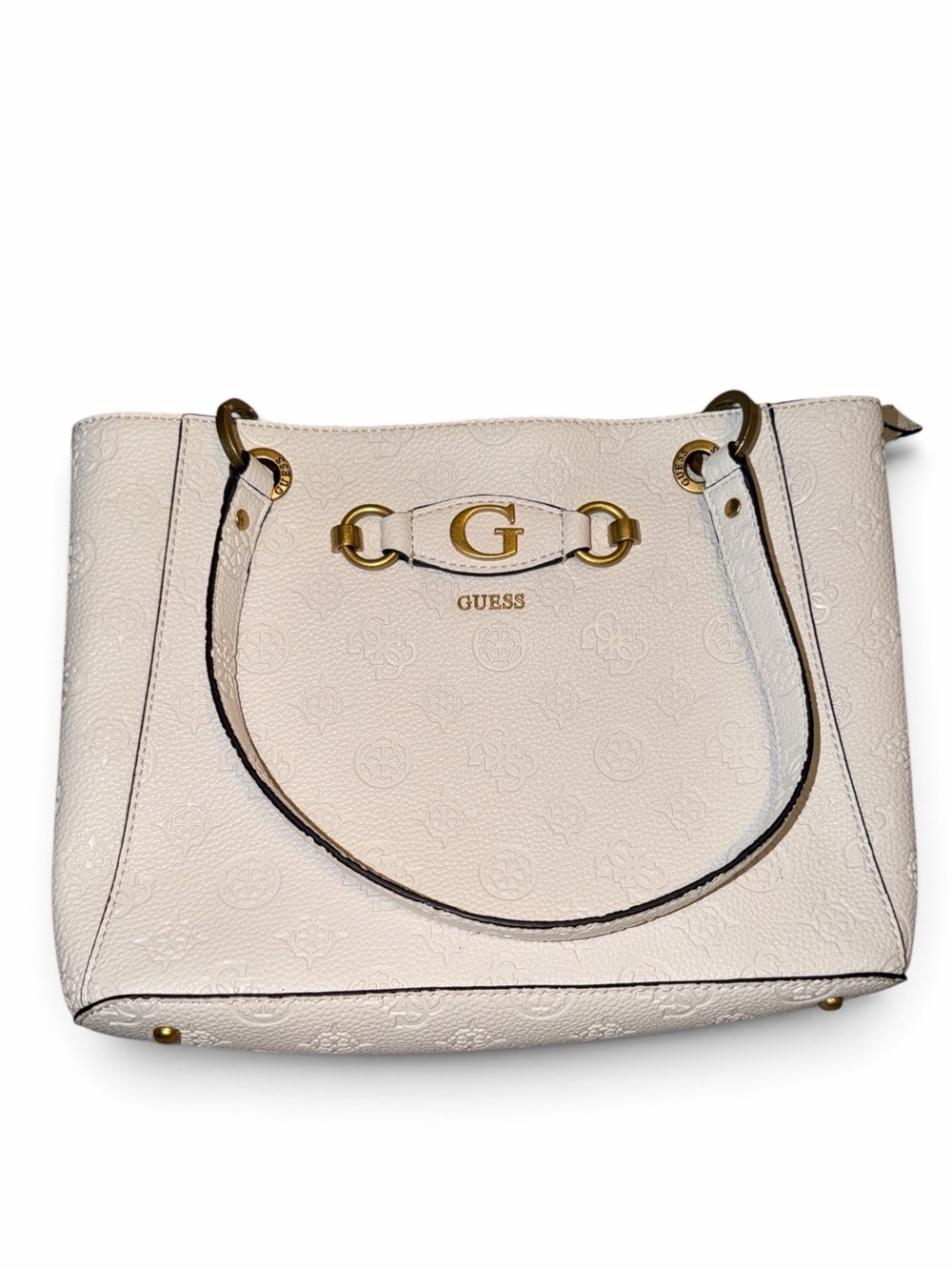 GUESS Cream Embossed Logo Shoulder Tote with Gold Accents